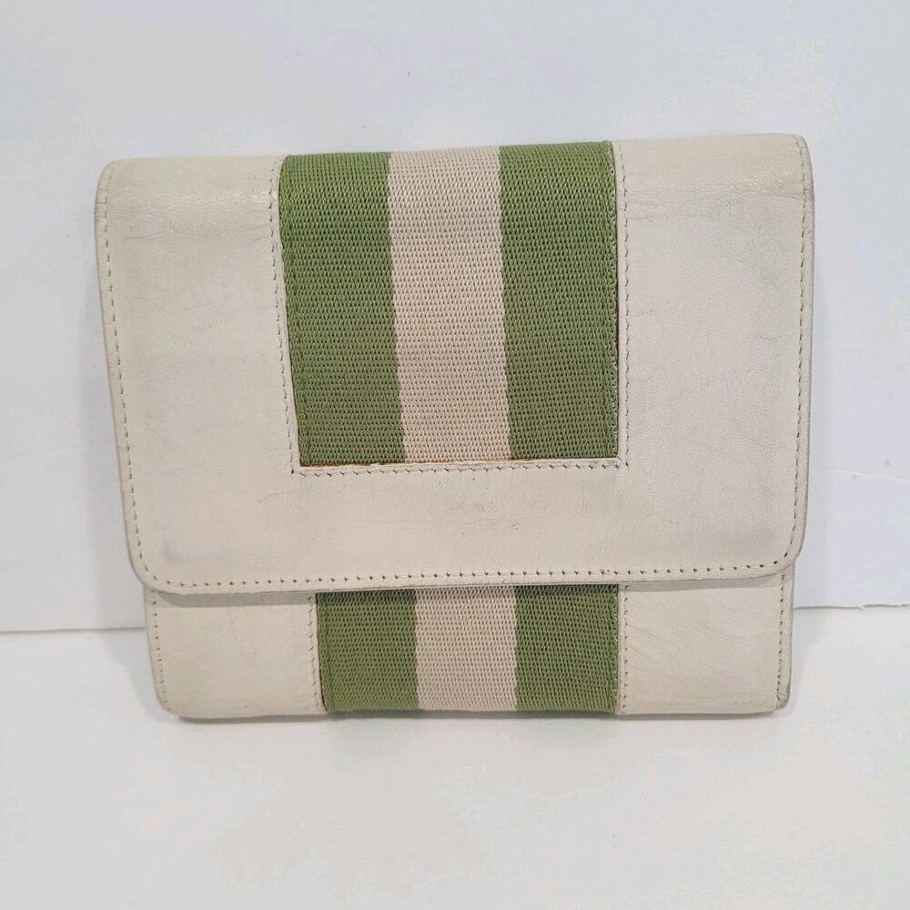 Bally Switzerland Wallet Medium Leather White Green Striped Logo Trifold Organiz